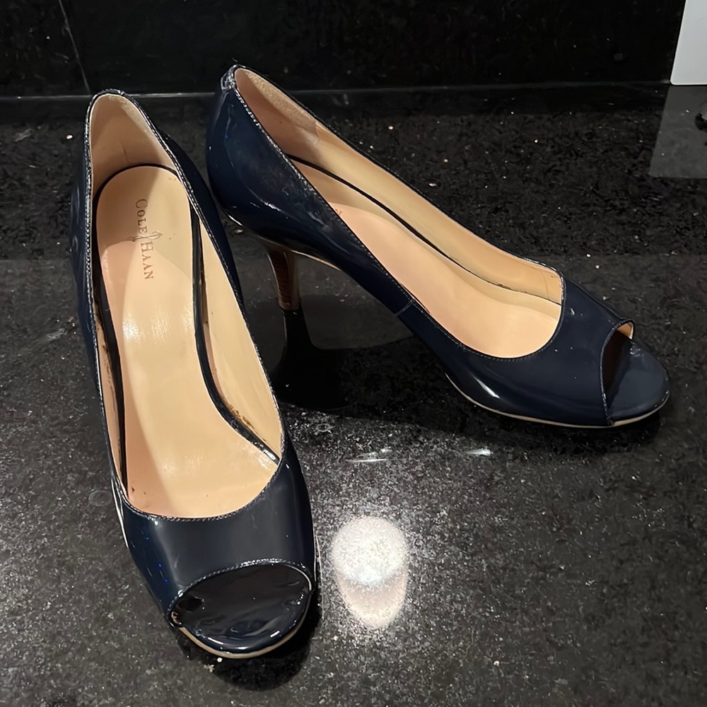 Cole Haan peep toe patent pumps